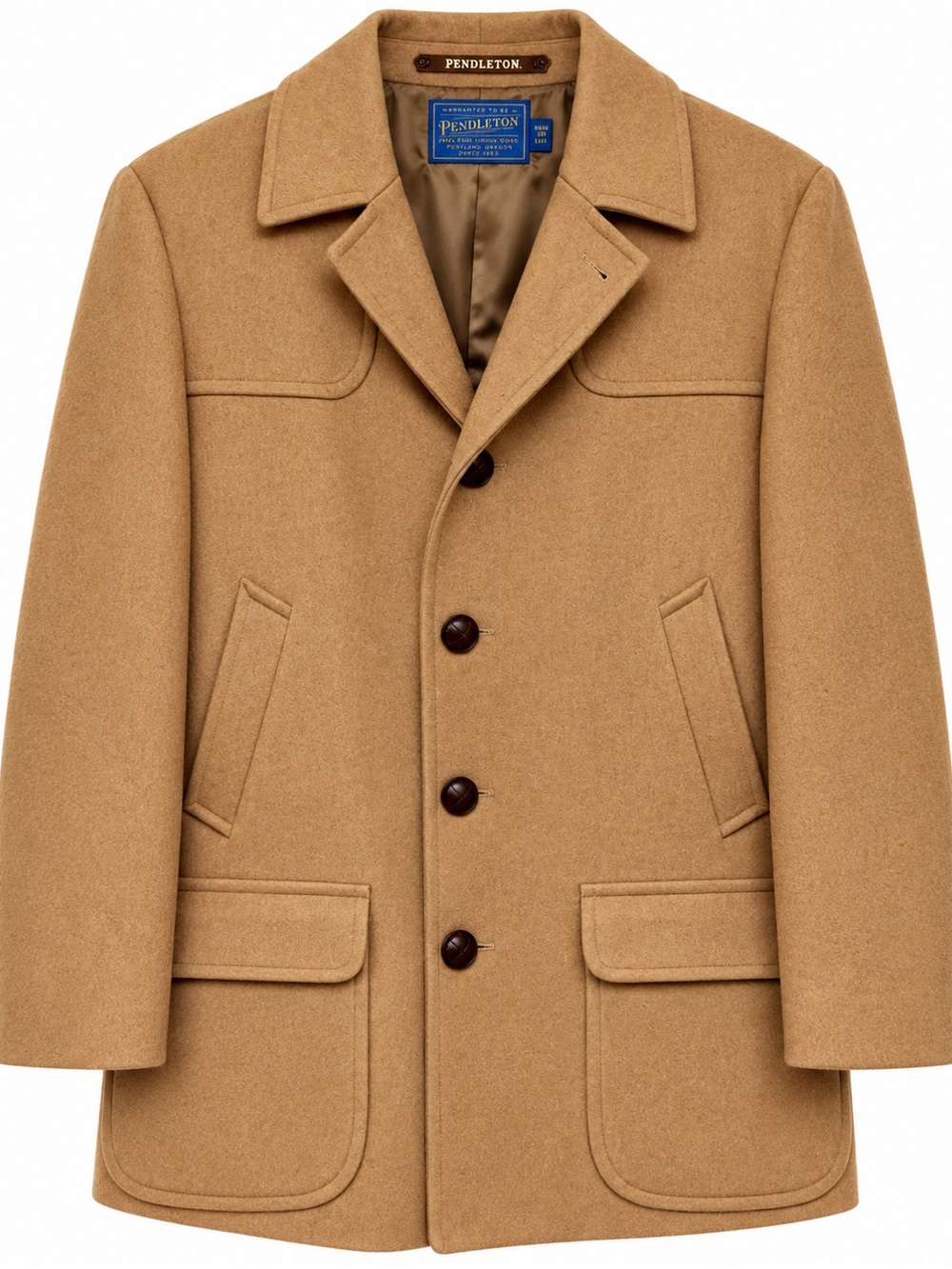 VNTG//70s/Pendleton Men’s Camel Wool Pea Coat with Button Front